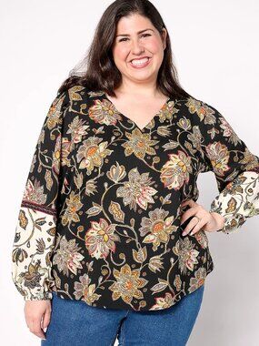 Belle by Kim Gravel Blouse Women’s 3X Black Floral Boho Tunic Top
